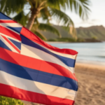 Os legisladores do Havaí apresentam projeto de lei que proibiria os mercados de previsão. Bandeira do estado do Havaí balançando em uma praia tropical com palmeiras e litoral ao fundo.