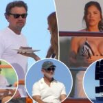 Leonardo DiCaprio e namorada festejam com Jeff Bezos e Lauren Sánchez de biquíni em um super iate de US$ 250 milhões