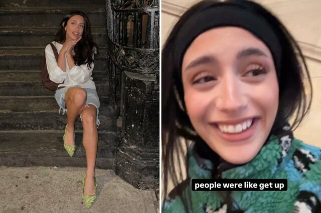 'Levante-se!' Mulher se torna viral por cair na Grand Central A musicista Fia James sentada em um lance de escadas escuras.