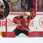 O disco acerta a trave atrás de Linus Ullmark #35 do Ottawa Senators em um chute do New Jersey Devils durante o terceiro período em 9 de dezembro de 2025 no Canadian Tire Centre em Ottawa, Ontário, Canadá.