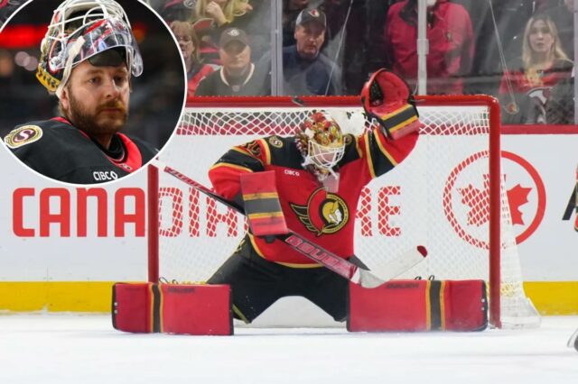 O disco acerta a trave atrás de Linus Ullmark #35 do Ottawa Senators em um chute do New Jersey Devils durante o terceiro período em 9 de dezembro de 2025 no Canadian Tire Centre em Ottawa, Ontário, Canadá.