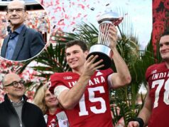 Locutor de Indiana dá sombra ao apresentador da ESPN Paul Finebaum durante a explosão do Rose Bowl Paul Finebaum da SEC Network durante o pré-jogo no Darrell K Royal-Texas Memorial Stadium.