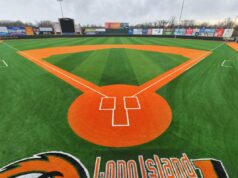 Long Island Ducks adquiridos por empresa ligada aos Rangers da MLB Campo de beisebol com grama verde e sujeira laranja.