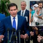 O secretário de Estado, Marco Rubio, fala à imprensa ao lado do secretário de Defesa, Pete Hegseth, após um briefing sobre a Venezuela no Capitólio dos EUA.