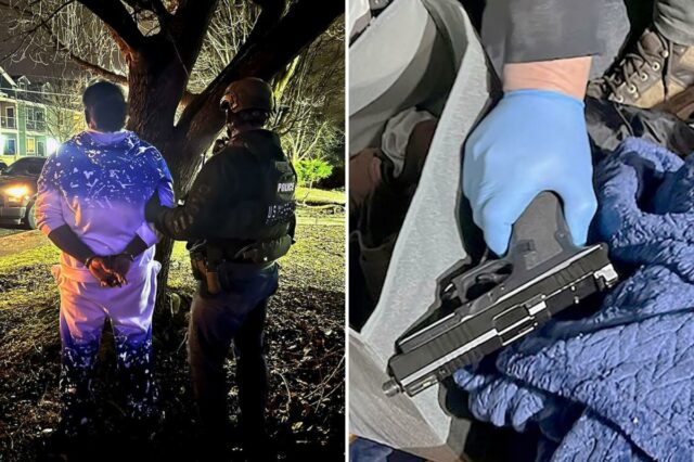 Um marechal dos EUA levando um suspeito sob custódia durante uma prisão de fugitivo.