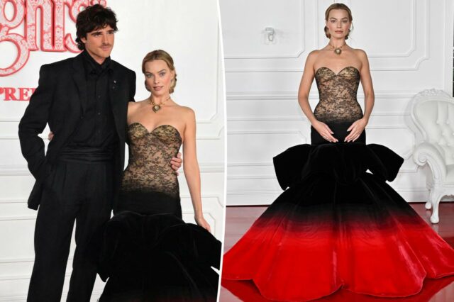 Margot Robbie arrasa com um impressionante vestido vermelho e preto ao lado de Jacob Elordi na estreia de 'O Morro dos Ventos Uivantes'
