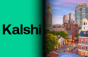 Massachusetts concedeu liminar contra o mercado de previsão Kalshi Massachusetts concedeu liminar contra o mercado de previsão Kalshi. Logotipo Kalshi em fundo verde ao lado do horizonte de Boston, representando a liminar de Massachusetts contra o mercado de previsão.