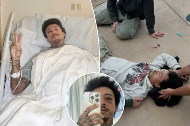 Medalhista olímpico de bronze Nyjah Huston sofre fratura no crânio Nyjah Huston deitado no chão cercado por outros três homens, com sangue no chão próximo à cabeça.