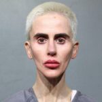 Foto de uma mulher com cabelo loiro curto e descolorido, sobrancelhas escuras proeminentes e batom vermelho, olhando diretamente para o espectador.