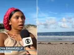 Menino de 13 anos, tragicamente atacado até a morte por tubarão em praia turística popular Lídia Emanuelle, cousin of shark attack victim Deivson Rocha Dantas, interviewed on a sandy beach.