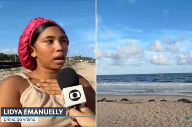 Menino de 13 anos, tragicamente atacado até a morte por Lídia Emanuelle, cousin of shark attack victim Deivson Rocha Dantas, interviewed on a sandy beach.
