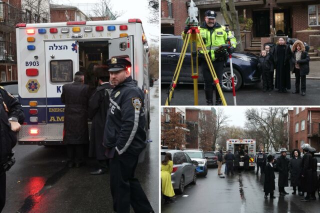 Policiais da NYPD conduzindo uma investigação sobre uma criança atropelada por uma ambulância Hatzolah na 1532 52nd Street, no Brooklyn.