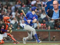 Mets oferece quarto ano para Kyle Tucker em chocantes US $ 50 milhões por temporada em busca de um agente livre estrela O batedor do Chicago Cubs, Seiya Suzuki, acerta uma bola com um receptor do San Francisco Giants em primeiro plano.