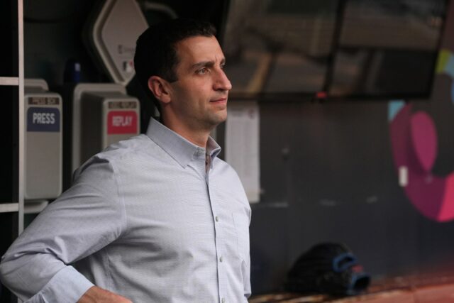CINCINNATI, OHIO - SEPTEMBER 05: New York Mets President of Baseball Operations David Stearns looks from the dugout during batting practice before the game against the Cincinnati Reds at Great American Ball Park on September 05, 2025 in Cincinnati, Ohio. (Photo by Jason Mowry/Getty Images)