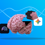 Um cérebro 3D cercado por ícones flutuantes representando NotebookLM, Gemini e Obsidian, contra um fundo azul brilhante e roxo.