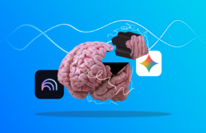 Meu cérebro muda muito de assunto, e essas ferramentas inteligentes me ajudam a manter os pés no chão Um cérebro 3D cercado por ícones flutuantes representando NotebookLM, Gemini e Obsidian, contra um fundo azul brilhante e roxo.