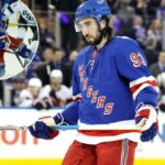 Mika Zibanejad reage no gelo durante o terceiro período no Madison Square Garden em Nova York, Nova York, segunda-feira, 14 de janeiro de 2026.