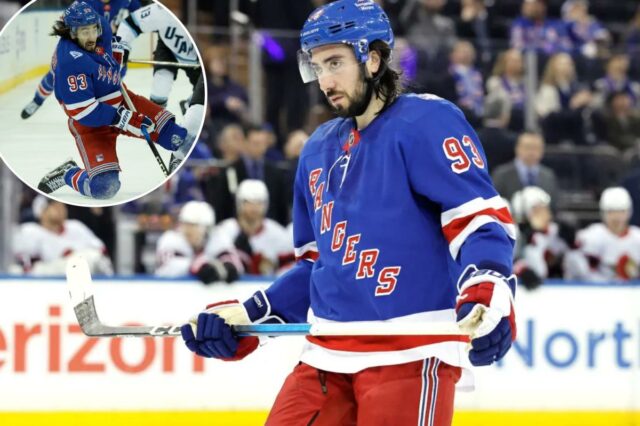 Mika Zibanejad reage no gelo durante o terceiro período no Madison Square Garden em Nova York, Nova York, segunda-feira, 14 de janeiro de 2026. 