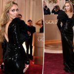 Miley Cyrus oferece drama sombrio com lantejoulas pretas e ombros ousados ​​no Globo de Ouro 2026