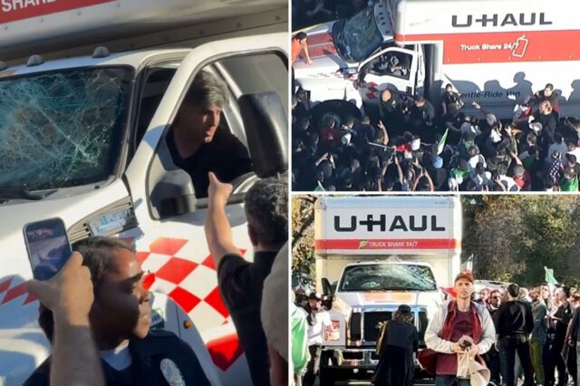 Manifestantes confrontando o motorista de uma van U-Haul depois que ela passou por uma reunião do regime anti-iraniano.