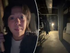 Mulher assustada faz um tour, com o bastão na mão, por seu porão de ‘filmes de terror’ – e assusta todo mundo: ‘Vocês acham que seu porão é assustador?’ Mulher olhando para a câmera.