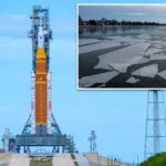 Camadas quebradas de gelo flutuam em um rio, com edifícios e árvores visíveis na margem do rio ao fundo.