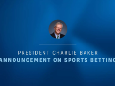NCAA insta CFTC a suspender os mercados de previsão de esportes universitários Fundo azul com uma imagem do presidente da NCAA, Charlie Baker, em um pequeno círculo no meio. Embaixo, está escrito 'Anúncio do Presidente Charlie Baker sobre Apostas Esportivas'. NCAA insta CFTC a suspender os mercados de previsão de esportes universitários