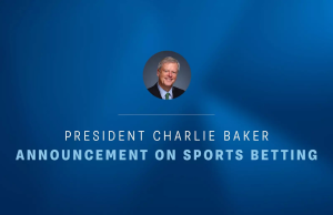 NCAA insta CFTC a suspender os mercados de previsão de esportes universitários Fundo azul com uma imagem do presidente da NCAA, Charlie Baker, em um pequeno círculo no meio. Embaixo, está escrito 'Anúncio do Presidente Charlie Baker sobre Apostas Esportivas'. NCAA insta CFTC a suspender os mercados de previsão de esportes universitários