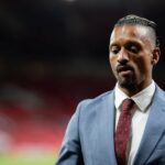 Nani com Nemanja Vidic e Cristiano Ronaldo.