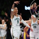 A guarda do Breeze BC, Paige Bueckers (5), avança defendida pela ala do Phantom BC, Natasha Cloud (15), em seu jogo de basquete 3 contra 3 incomparável, segunda-feira, 5 de janeiro de 2026.