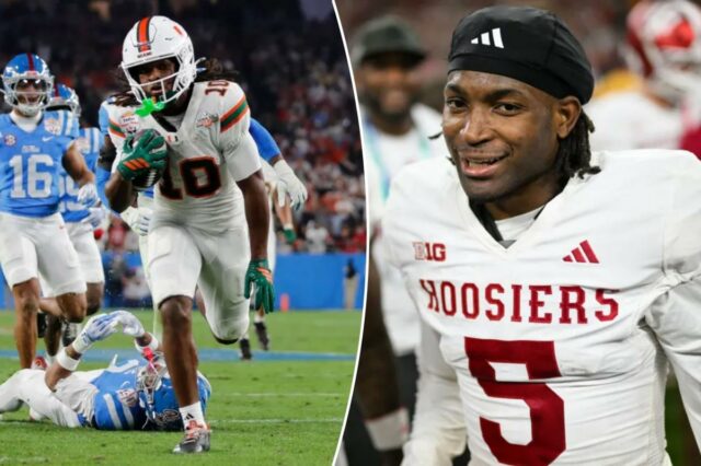 Indiana Hoosiers DB D'Angelo Ponds (5) comemora a vitória no jogo de futebol do Big Ten Championship entre o Indiana Hoosiers e o Ohio State Buckeyes em 6 de dezembro de 2025 no Lucas Oil Stadium em Indianápolis, IN.