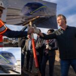 Governador Gavin Newsom e líderes locais iniciando o projeto ferroviário de alta velocidade da Califórnia.