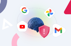 O Google diz que a inteligência pessoal é privada, mas a realidade é um desastre de privacidade Um homem conversando com um robô azul em pufes, com um grande ícone de aviso vermelho flutuando entre eles.