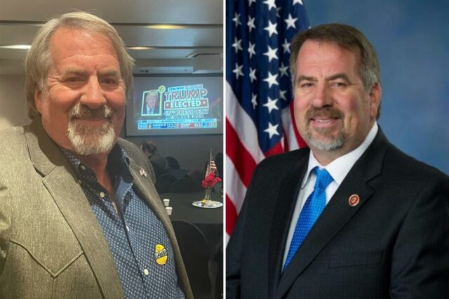 O deputado republicano Doug LaMalfa vestindo terno e gravata azul na frente de uma bandeira americana.