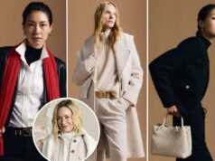 O estilista de Selena Gomez fez a curadoria de uma coleção cápsula ‘sem esforço e fundamentada’ com Quince Uma mulher de jaqueta e calça pretas, segurando uma bolsa de tecido de cor clara.