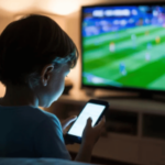 Uma fotografia que captura a silhueta de uma criança por trás, sentada em um sofá, segurando um smartphone brilhante nas mãos. O jogo problemático é maior entre aqueles expostos ao jogo quando crianças