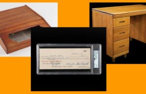 O leilão de memorabilia de Steve Jobs inclui sua mesa, gravatas-borboleta e muito mais O leilão de memorabilia de Steve Jobs inclui sua mesa, gravatas-borboleta e muito mais | Colagem de fotos mostra caixa de madeira, cheque e mesa do Apple 1