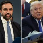 O presidente Donald Trump falando no Salão Oval com um busto de bronze de Abraham Lincoln e um modelo de avião em primeiro plano.