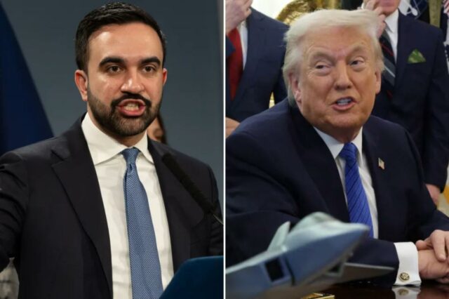 O pensamento mágico não é a maneira de Mamdani OR O presidente Donald Trump falando no Salão Oval com um busto de bronze de Abraham Lincoln e um modelo de avião em primeiro plano.