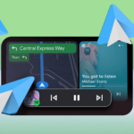 Logotipo do Android Auto flanqueado por ícones de polegar para cima e polegar para baixo.