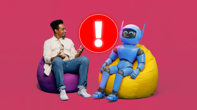 Uma mão robótica alcançando um cérebro rotulado como 'AI' emergindo de um chapéu de mágico, cercado por ícones de alerta vermelhos.