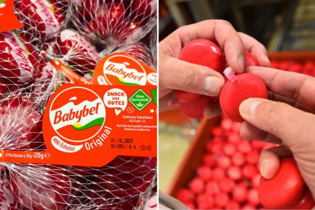Salgadinhos de queijo Babybel em embalagem de cera vermelha, dispostos em saco de rede.