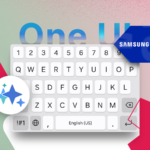 Uma mão editando um adesivo na tela de um telefone Samsung, com opções de estilo abaixo, cercado por ícones brilhantes de IA.