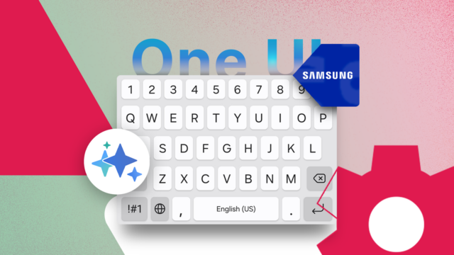 O teclado da Samsung finalmente fica bom no One UI Uma mão editando um adesivo na tela de um telefone Samsung, com opções de estilo abaixo, cercado por ícones brilhantes de IA.
