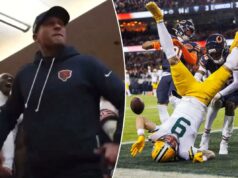 O técnico do Bears, Ben Johnson, deixa uma mensagem vulgar para os Packers após um retorno insano O cornerback do Chicago Bears, Nahshon Wright (26), ajuda a derrubar o wide receiver do Green Bay Packers, Christian Watson (9), que perdeu a bola pouco antes da end zone em 10 de janeiro de 2026.