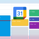 Logotipo do Google Agenda cercado por cartões de programação flutuantes.