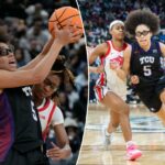 A guarda do Texas Christian University Horned Frogs, Olivia Miles (5), vai até a cesta durante a segunda metade do Coretta Scott King Classic contra o Ohio State Buckeyes no Prudential Center, segunda-feira, 19 de janeiro de 2026, em Newark, NJ.