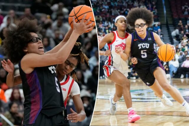 A guarda do Texas Christian University Horned Frogs, Olivia Miles (5), vai até a cesta durante a segunda metade do Coretta Scott King Classic contra o Ohio State Buckeyes no Prudential Center, segunda-feira, 19 de janeiro de 2026, em Newark, NJ.