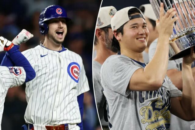 Seiya Suzuki #27 e Kyle Tucker #30 do Chicago Cubs comemoram depois que Tucker fez um home run durante a sétima entrada contra o Milwaukee Brewers no quarto jogo da National League Division Series no Wrigley Field em 09 de outubro de 2025 em Chicago, Illinois. 