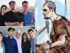 Os irmãos Reiner, Jake e Romy, faltam ao tribunal para a acusação de Nick Romy, Nick e Jake Reiner com o Monumento a Washington e a Casa Branca ao fundo.